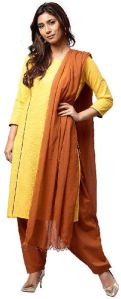 Women Yellow Solid Straight Cotton Kurta