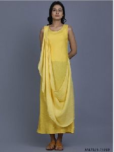 Yellow Cotton mal Solid Party Knee-Long Kurti