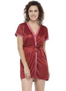 Women Maroon Short Satin Babydoll Robe Nighty Dress