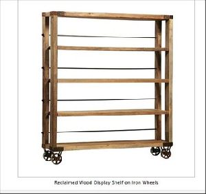 Wood Display Shelf On Iron Wheels