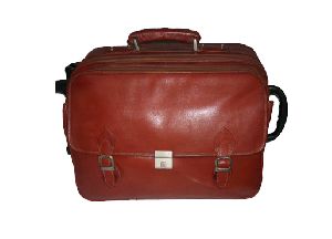 Brown color genuine leather trolley bag
