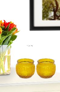 Yellow Pair Plain Glass Candle & Tea Light Holder