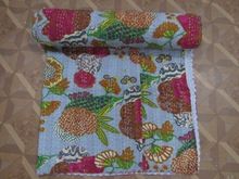 Indian Kantha Quilt Fruit Print Kantha Bed Cover
