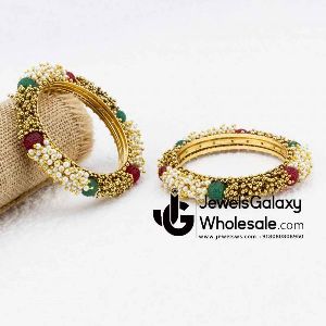 Gold Plated Multicolour Pearl Bangles
