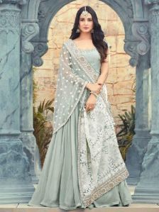 Resham Embroidered Ash Grey Anarkali Suit