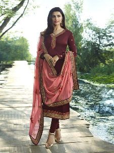 Wine and Peach Embroidered Straight Suit