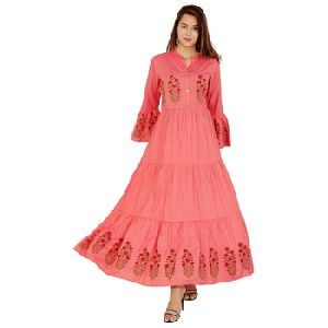 Peach Floor Long Rayon Frock Kurti