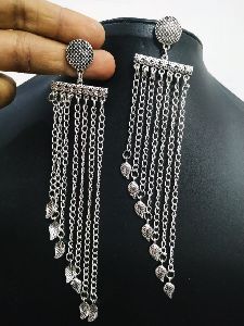 Silver Oxidised Long Earrings