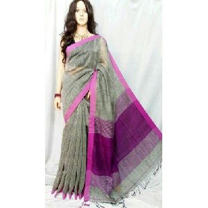 Pink Border Linen Saree