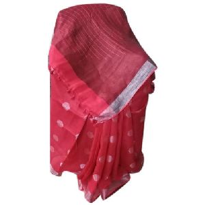 Red Printed Linen Saree