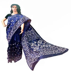 Navy Blue Kantha Stitch Art Silk Saree