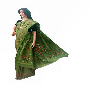 Green Kantha Stitch Art Silk Saree