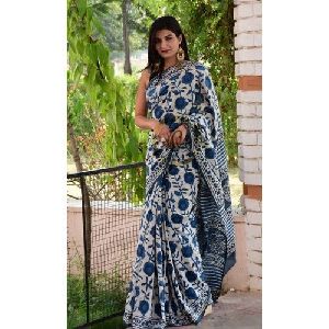 Indigo White Cotton Hand Block Printed Saree