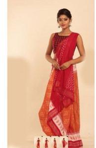 Orange Cotton Hand Block Printed Saree