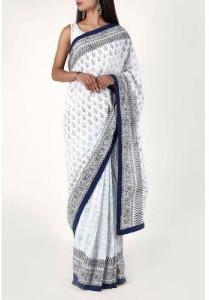 White Cotton Hand Block Printed Saree