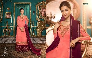 ZUBEDA LAUNCH NIMAAH SATIN GEORGETTE PLAZZO STYLE EMBROIDERY SALWAR KAMEEZ