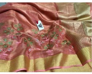 Peach Embroidered Linen Saree