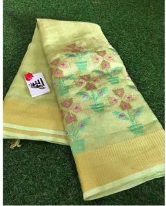 Yellow Embroidered Linen Saree