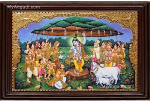 Krishna lifting Govardhana Hill Tanjore Painting