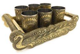 Handicraft Wooden 6 Glass Serving Tray Set