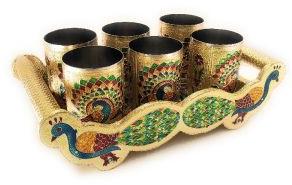 Wooden Meenakari 6 Glass Tray Set(N116)