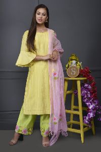 YELLOW SILK CHANDERI KURTA SET WITH STITCHING STYLE