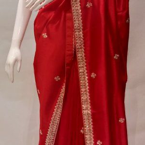 Red Satin With Cream Dori Work Saree