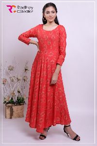 RED DESIGNER KURTI WITH GOLDEN PRINT