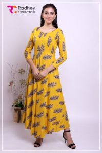 YELLOW BUTI PRINT LONG KURTI