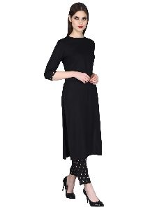 Womens Rayon Solid and Printed Black Kurta