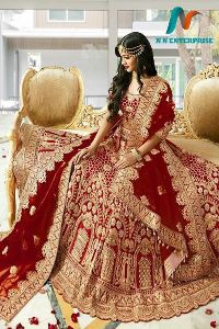 Red Velvet Kasab Embroidered Work Lehenga