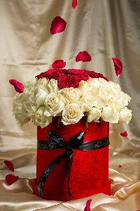Round Box of White Roses & Heart Shape Red Roses