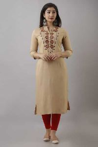 Embroidered Women Brown Rayon Kurta