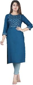 Women Embroidered Blue Rayon Casual Kurta