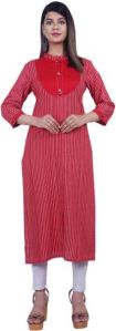 Women Red Striped Rayon Kurta