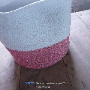 Pink and White Jute Laundry Basket