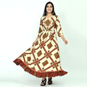 Off-white & Brown Frill Gown with Handwork and Belt