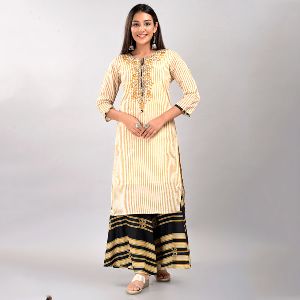 Off White Kurta with Black Printed Sharara