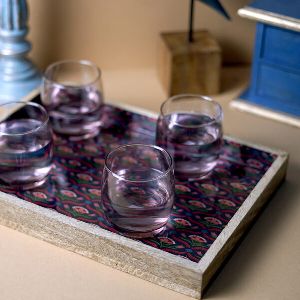 Wooden Printed Mughal Flowers Serving Tray