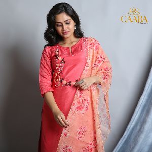 Tango Peach Kurta With Organza Floral Dupatta