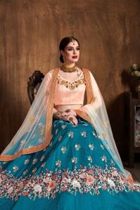 Teal Blue Raw Silk Lehenga Choli