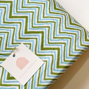 Zig Zag Handblock Emarald Green Blue Running Fabric