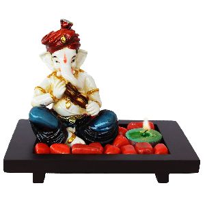 Seated Manjira Playing Ganesha Idol With Wooden Tray