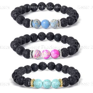 Semi Precious Emperor Stone and Lava Elastic Stone Bracelet Set