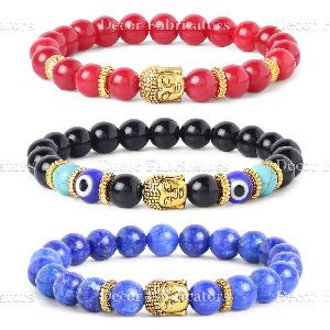 Semi Precious Lapis Lazuli, Evil Eye, Red Stone with Golden Buddha Elastic Crystal Stone Bracelet Se