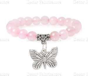 Semi Precious Rose Quartz Stone Bracelet with Butterfly Charm