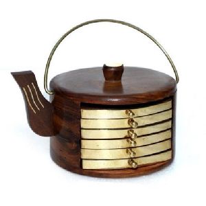 Wooden Kettle Shape Coaster Set