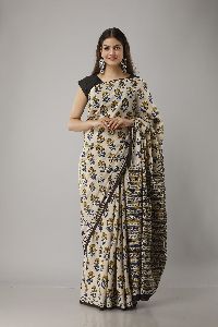 YELLOW FLOWER PRINTED OFF WHITE BAGRU COTTON SAREE