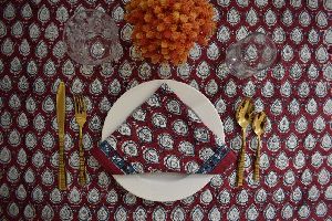 Hand Block Printed Red Buti Tablecloth