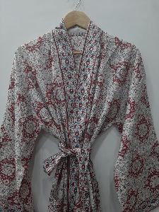 Hand Block Printed Red & Gray Kimono